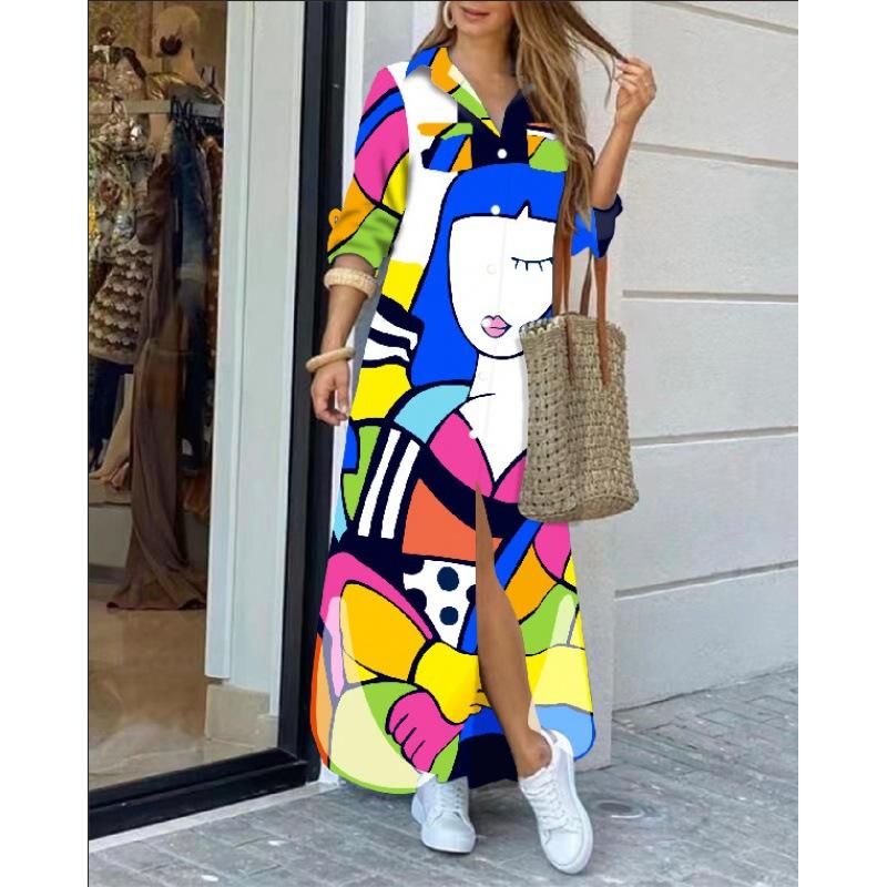 Frauen Langarm Revers Kette Gedruckt Seite Split Lose Lange Hemd Kleid Herbst