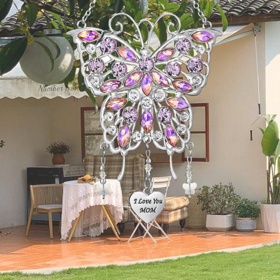 Rhinestones Butterfly Sun Catcher Metal Wind Chime with "I Love You Mom" Heart Handmade Gift for Mother's Day