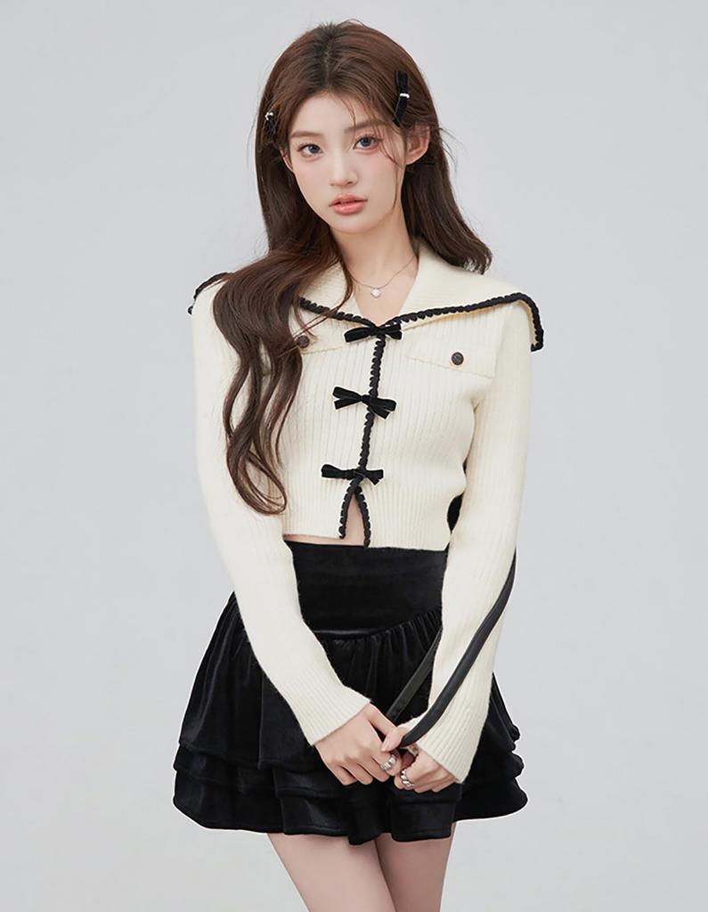 TOWYYO Long Big Short Korean French Beige Women's Cardigan, Sleeve, Ribbon, V-Neck, Striped, Cute, Collar, Length, Fashion, Spring/Autumn, Stylish,