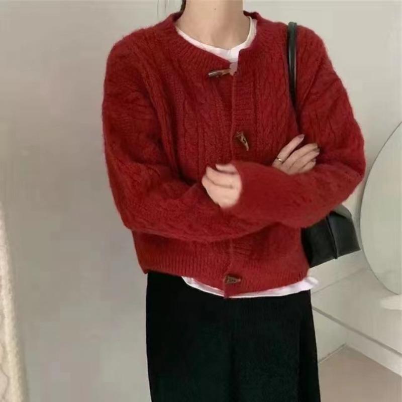 

Весна и Осень новый свитер с косичками и застежкой на роговые пуговицы, женский кардиган, свободная верхняя одежда, ленивый вязаный короткий жакет для женщин One Size красный