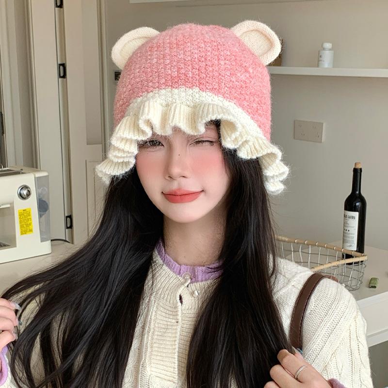 

Cute Bear Ear Lace Wool Knitted Hat In Autumn and Winter Sweet and Versatile Warm Hat Outdoor Cold proof Hat average size