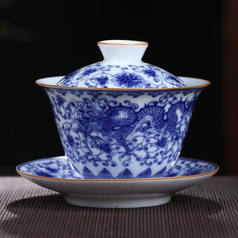 170ml Jingdezhen Ceramic Gaiwan Teacup Handmade Tea Tureen Blue and White Porcelain Tea Bowl Chinese Porcelain Tea Accessories