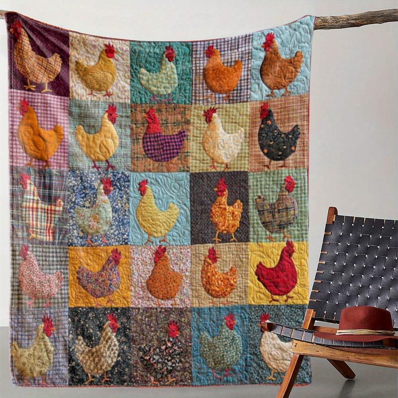 1pc Vintage Chicken Print Flannel Blanket Soft Cozy Knitted All Seasons Colorful for Sofa Bed Office Camping Travel Gift Blanket