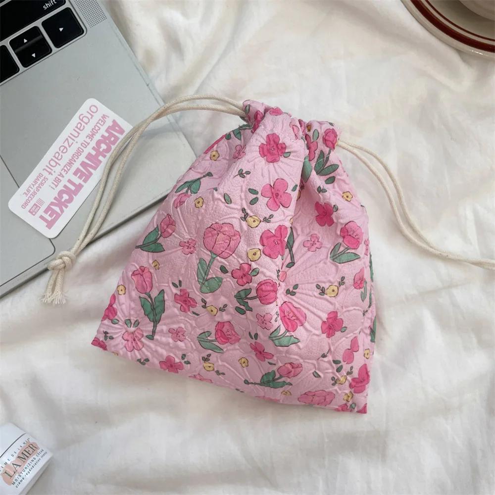 Cute Cartoon Bear Ladies Mini Drawstring Bags Retro Flower Women's Cosmetic Storage Bag Portable Sweet Female Coin Purse Handbag