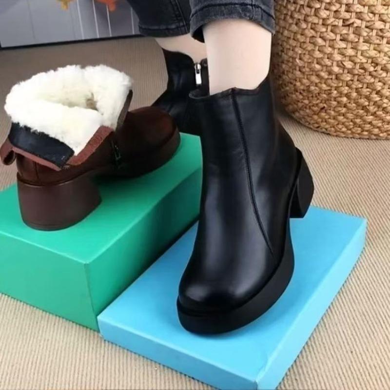 Leather Boots, Thick-heeled Waterproof Cotton Shoes, Women's Shoes