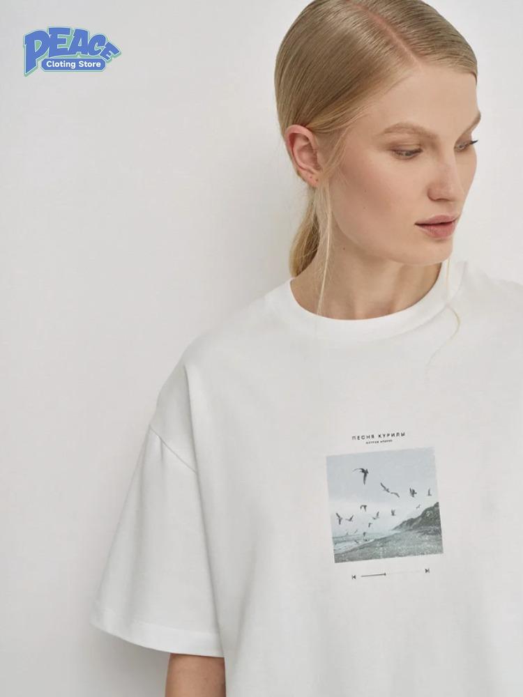 Seagull Scenery Printed T-shirt 100% Cotton T-shirt Women's Clothing Summer Fashion Simple Lovely Casual Comfy Short Sleeve Top