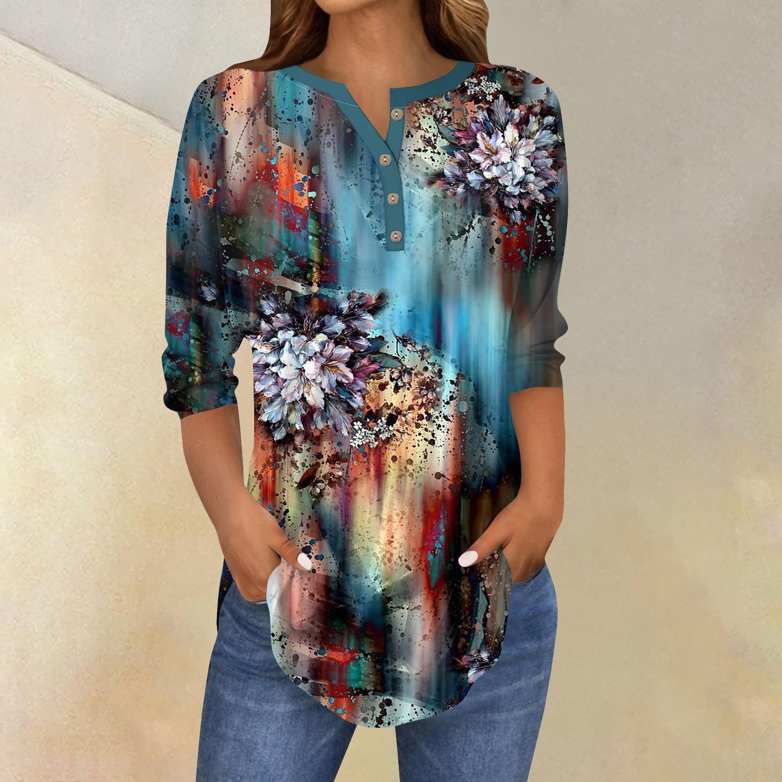 

Женские топы с рукавами 3/4, летние футболки с цветочным принтом и V-образным вырезом, повседневные базовые футболки с пуговицами, туники XXXL синий