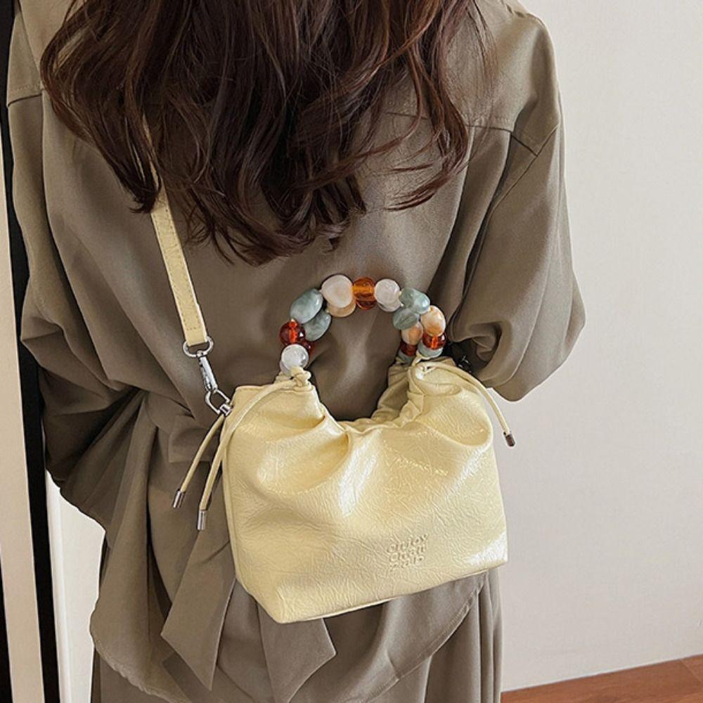 Tote Bag Beading Handle Shoulder Bag Crossbody Bag Women's Shoulder Bag Cute Silver PU Bag  Travel