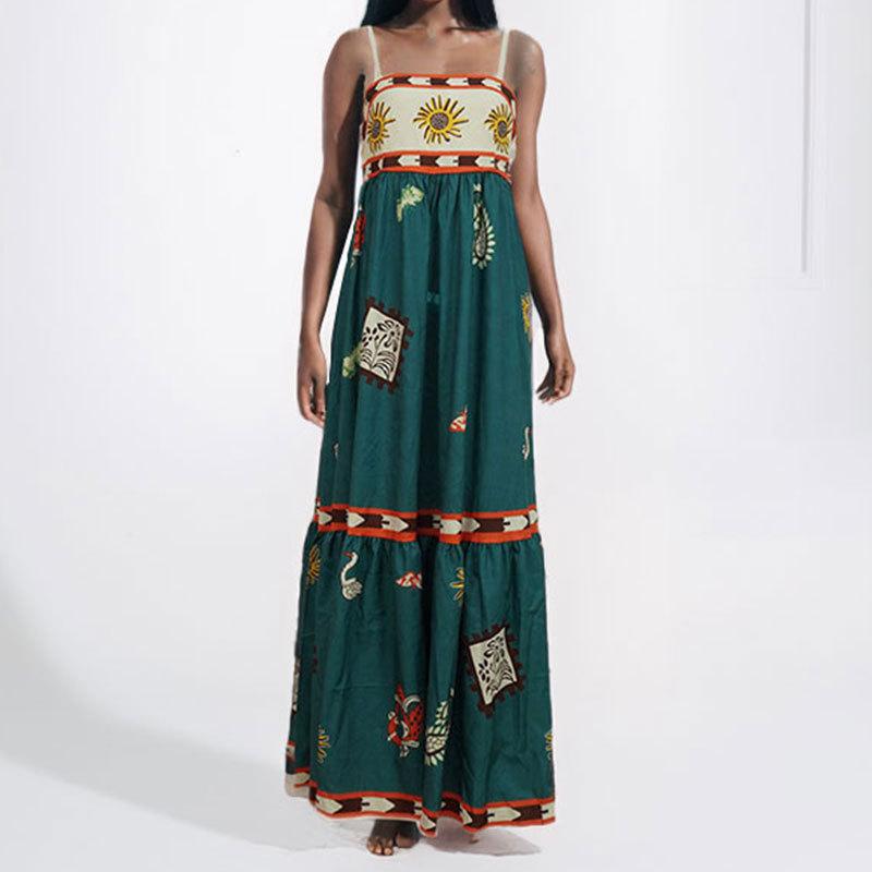 

Spring New, Elegant Sleeveless High Waist Printed Painted Suspender Dress S зелёный