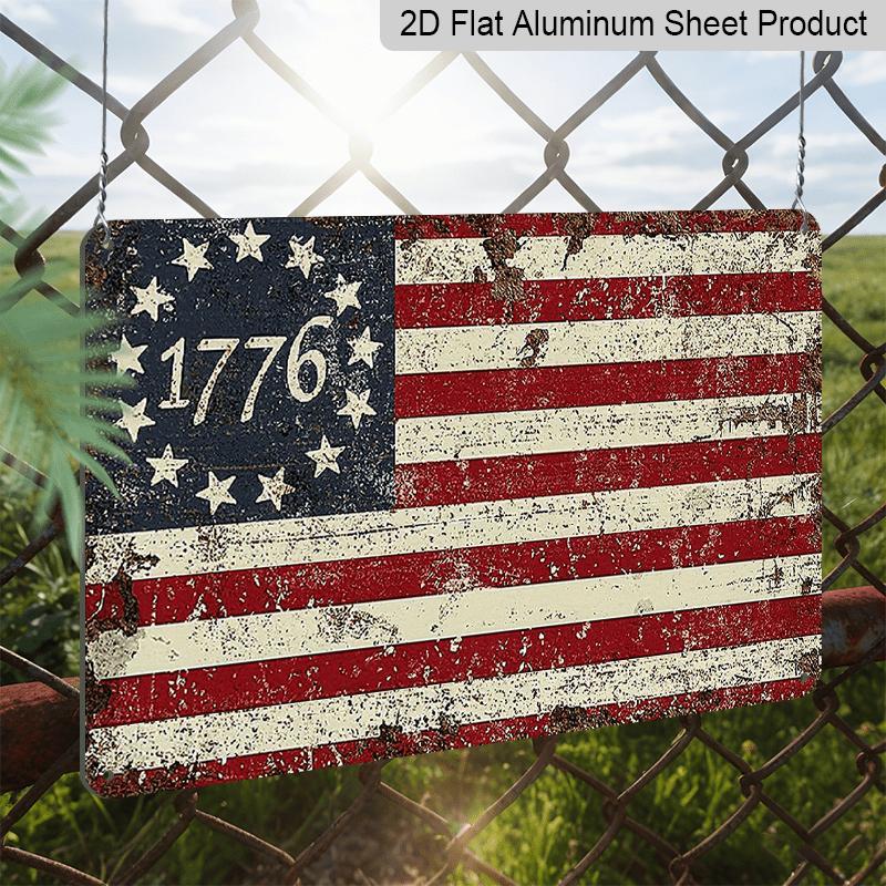 2D Flat Americana Style Vintage 13-Star American Flag Metal Sign - Rustic Aluminium Wall Hanging Plaque for Independence Day, Patriotic Fourth of