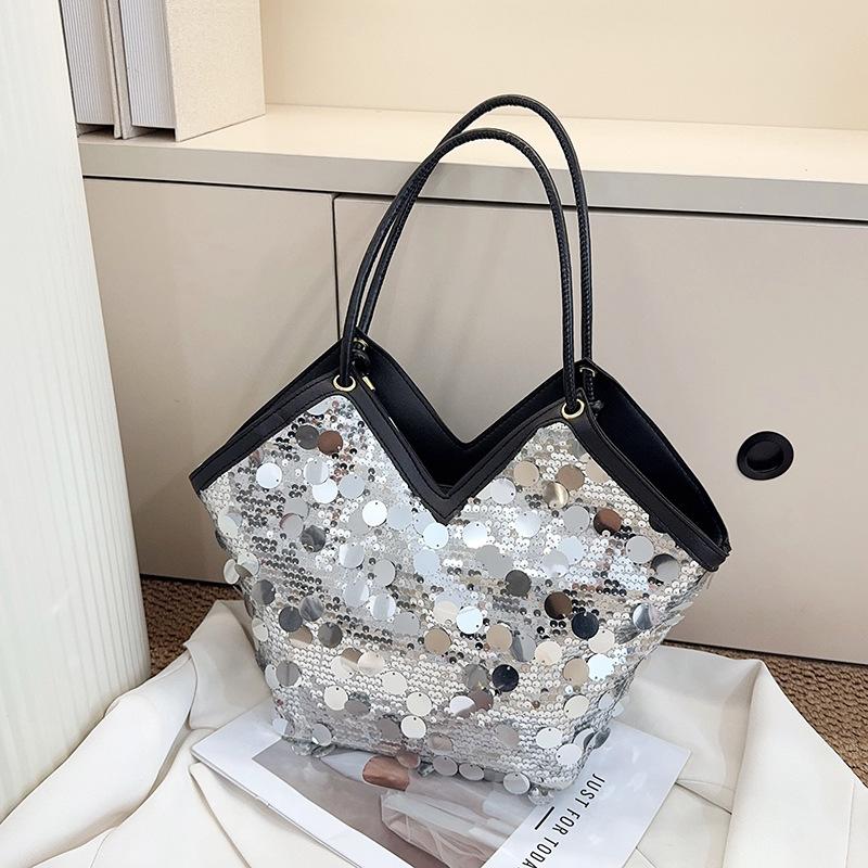 Trendy Sequin Pu Shoulder Bags for Women Large Capacity Ladies Bucket Tote Bag Versatile Portable Female Handbags with Zipper