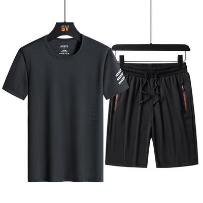 Costume de sport pour hommes, T-shirt à manches courtes et col rond en soie glacée, Short de course, coupe ample, Fitness