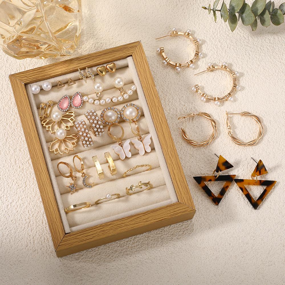 

20 Pcs Elegant Metal Style Earrings Ring Jewelry Set For Women Fashion Faux Pearl Zircon Decor Earrings Set New Trendy Gifts