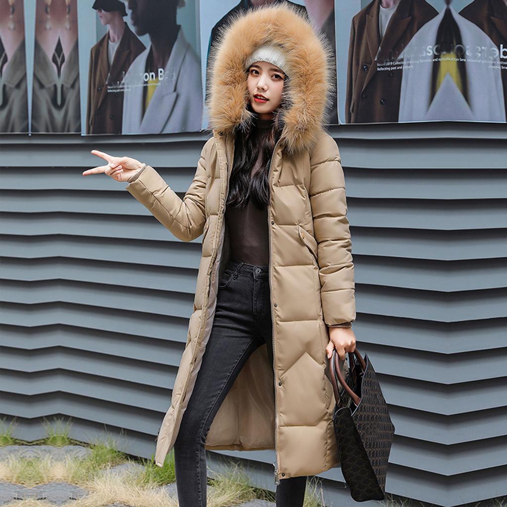 Womens Winter Jacket Warm Overcoat Slim Fur-Hooded Zipper Thicker Coat Outwear