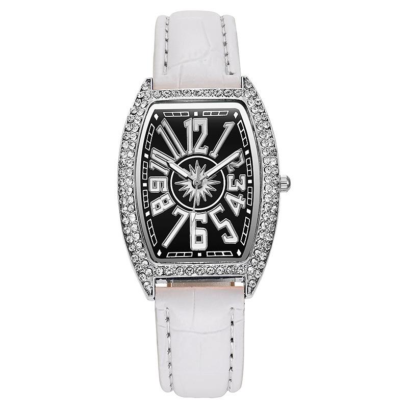 Ladies Leather Belt Rhinestone Watch Barrel-shaped Roman Numeral Wristwatch