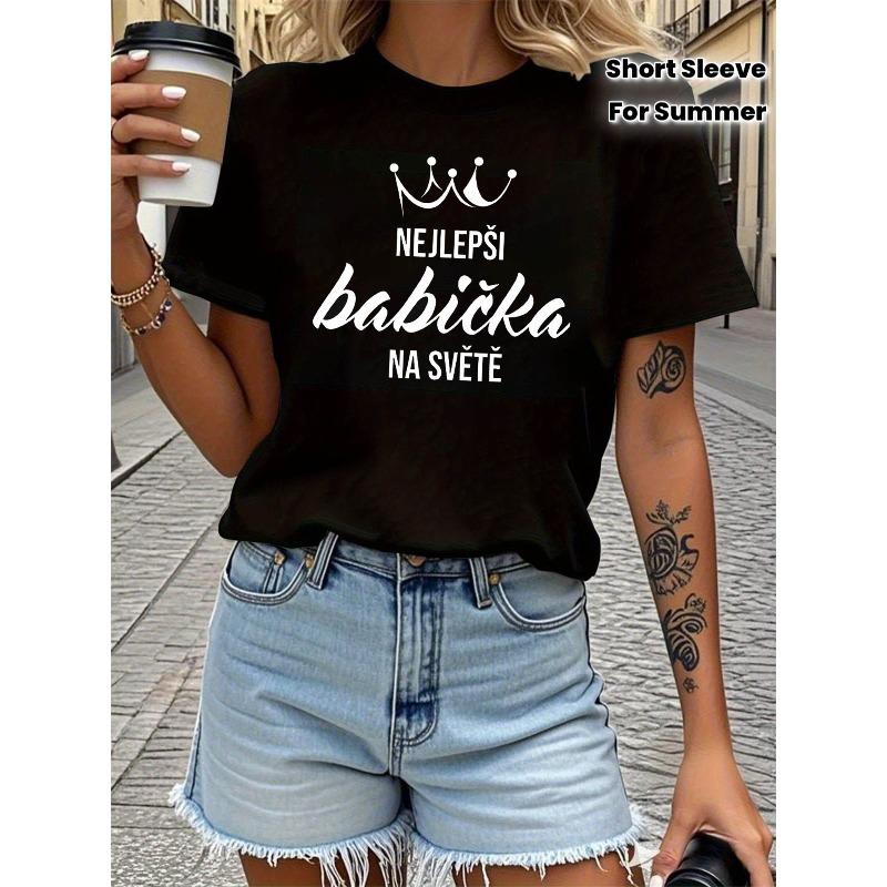 European sizes Czech Letter Print T-shirt, Short Sleeve Crew Neck Casual Top for Summer & Spring, Women's Clothing