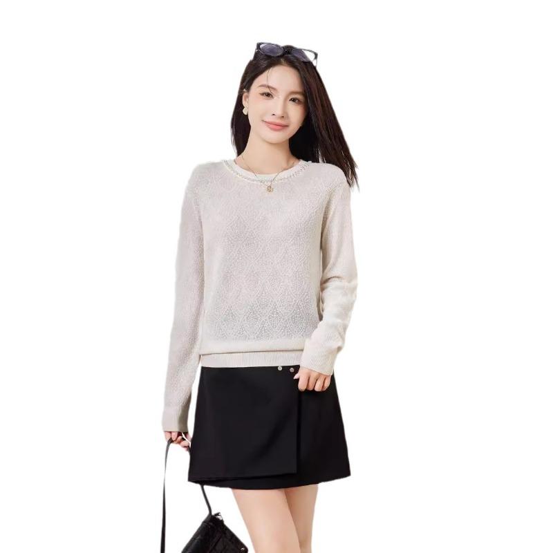 Silk-containing Wool Sweater Women's Autumn New Beaded Top Round Neck Lazy Fan Knitted Sweater Backing Sweater