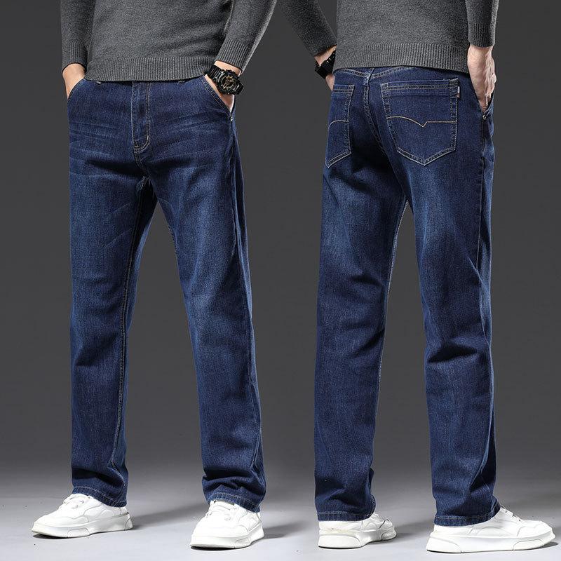 Autumn and winter men's loose straight jeans elastic business trend youth casual long pants for men