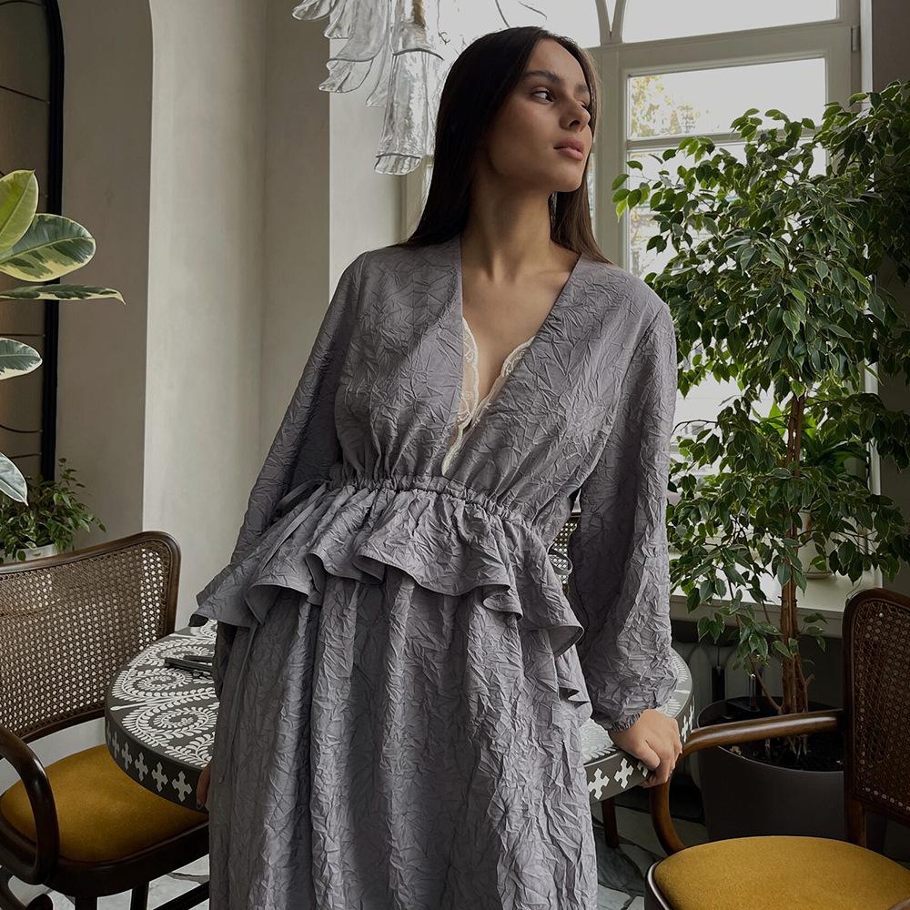 Pleated texture dress European and American spring and summer new lotus leaf edge lantern sleeve lace lace dress