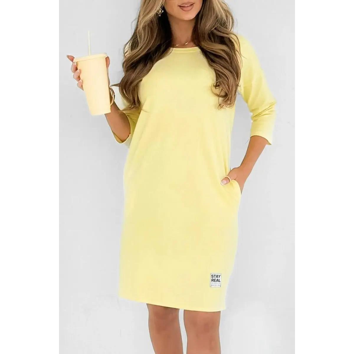 Women s Crew Neck Long Sleeve Pocket Solid Loose Casual Midi T Shirt Dress S