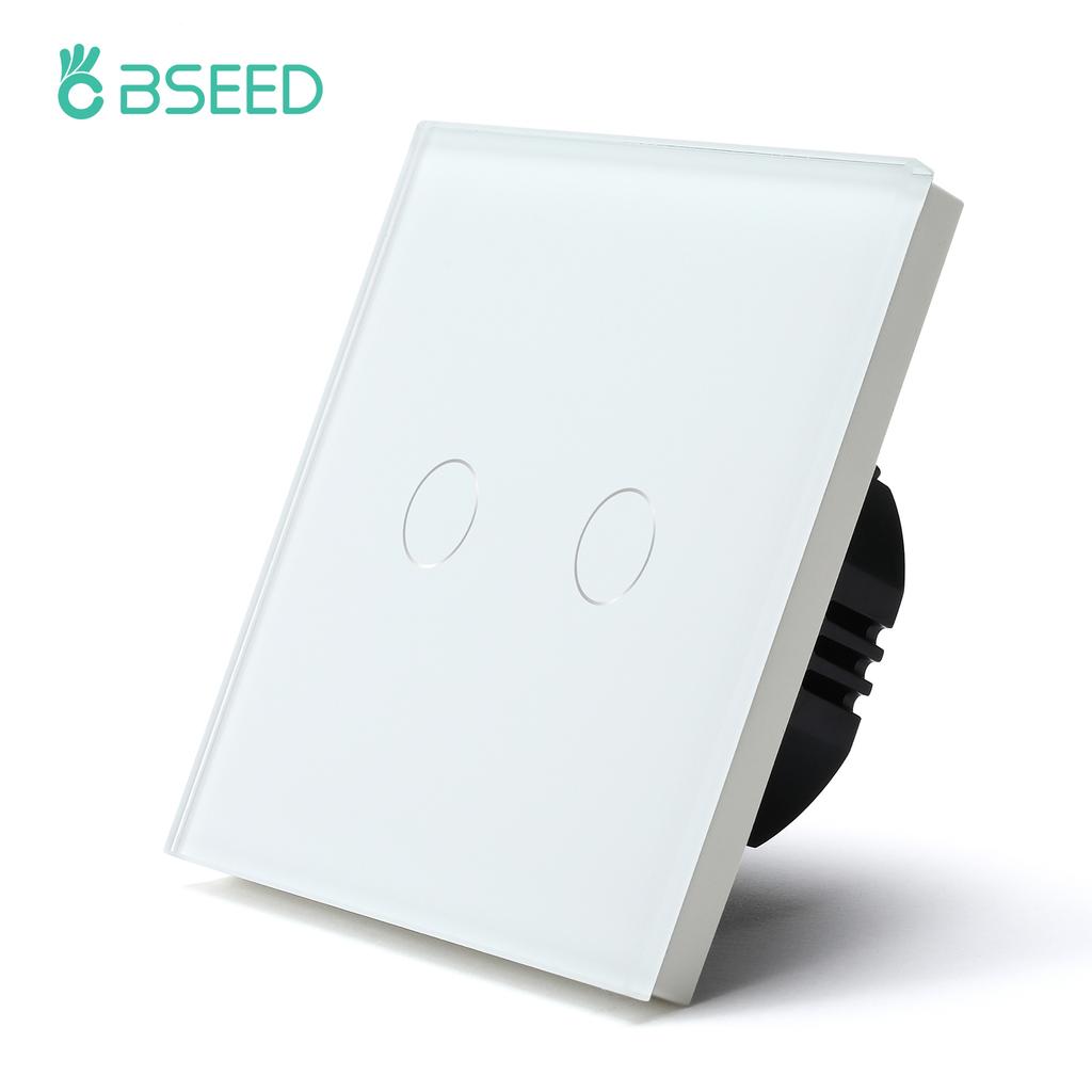 BSEED 1/2/3Gang Touch Light Switch With Power Socket 1Way Double EU Wall Sockets Dual Plug 16A Glass Panel Blue Backlight White