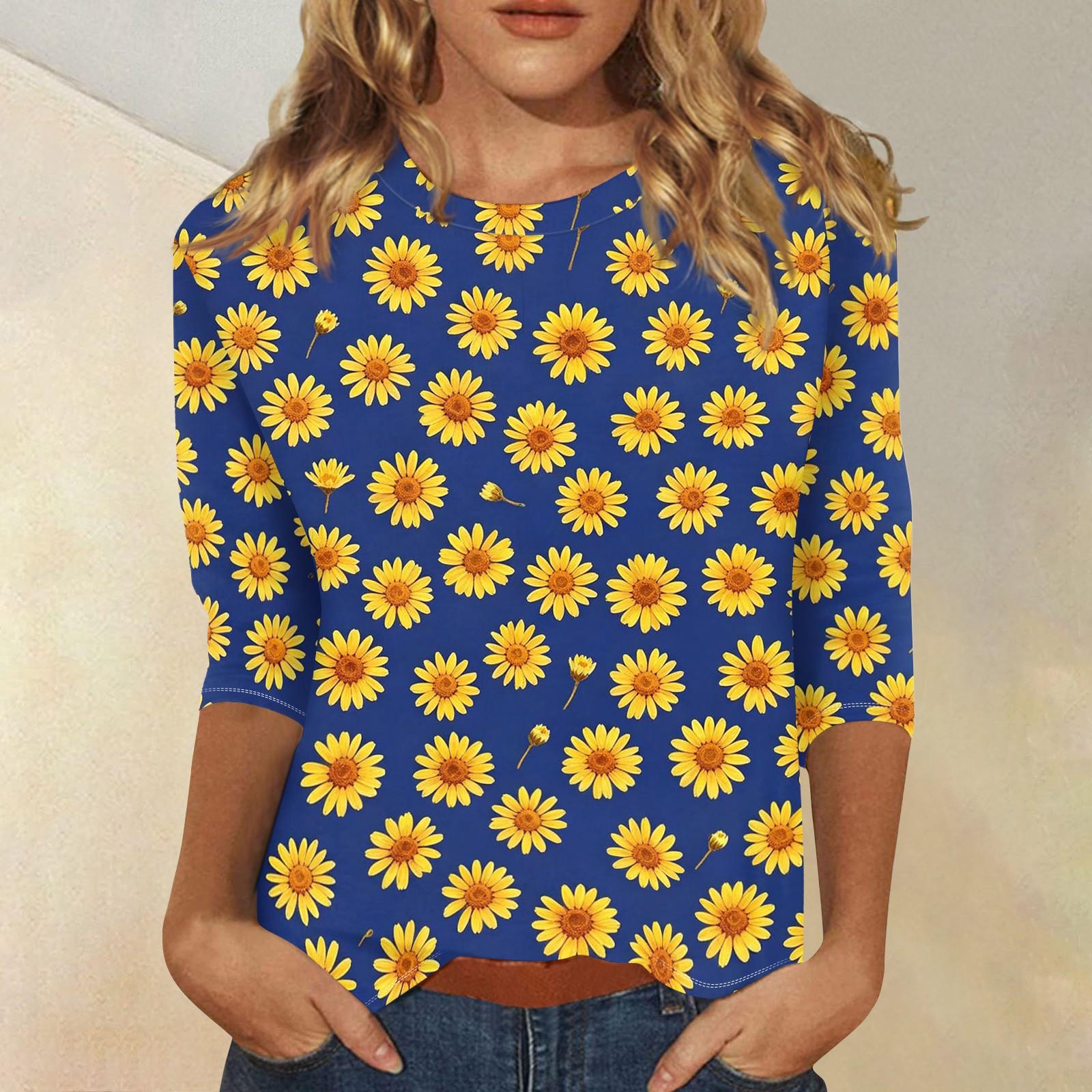 Women s Casual Floral Print Three Quarter Sleeve Top Round Neck Lightweight Blouse for Daily Wear and Outdoor Activities S