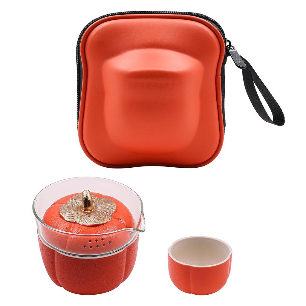NUZAMAS Portable Travel Tea Set for Adults, Orange Quick Cup, 3 Ceramic Teacups with Teapot for Outdoor Camping, Home, and Office Use