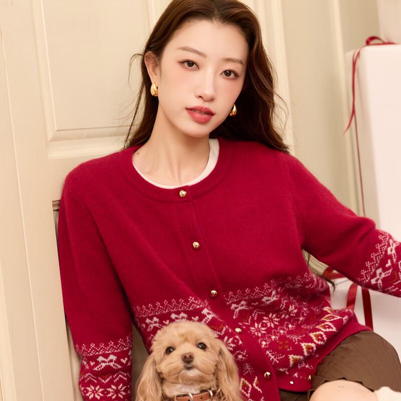 Women's Plus Size Red Fair Isle Jacquard Knit Cardigan