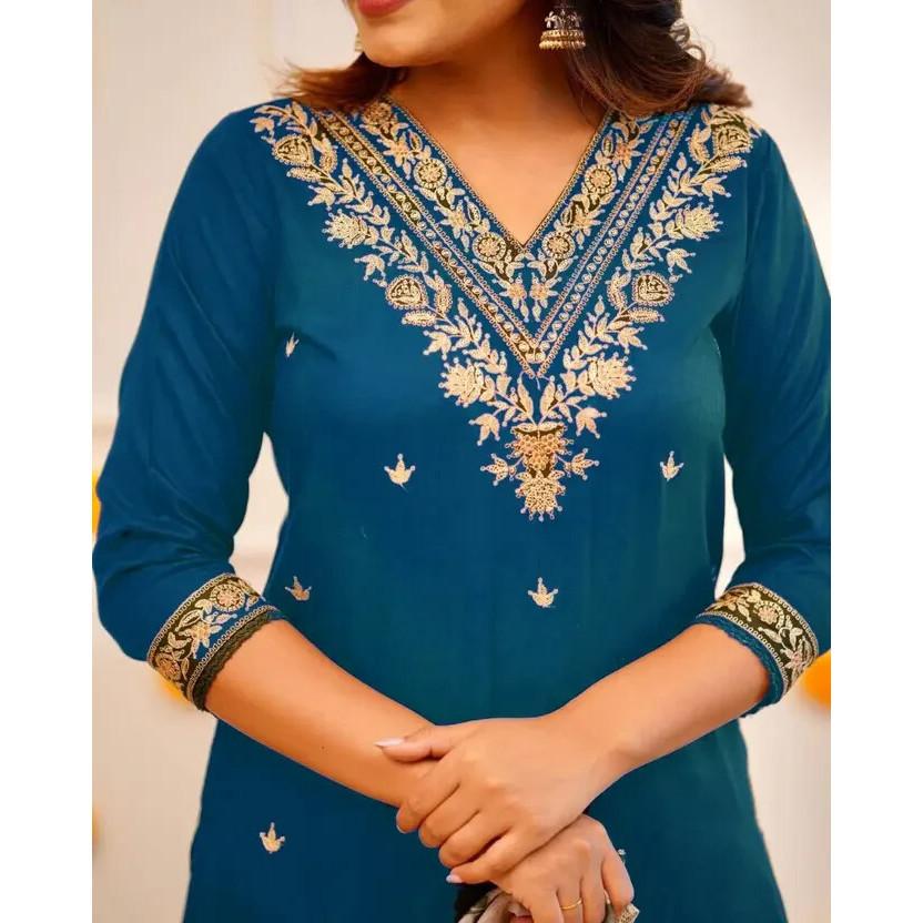 Women Bollywood Kurta Pant Dupatta Set Indian Designer Ethnic Top Tunic Kurti VFP-1862a