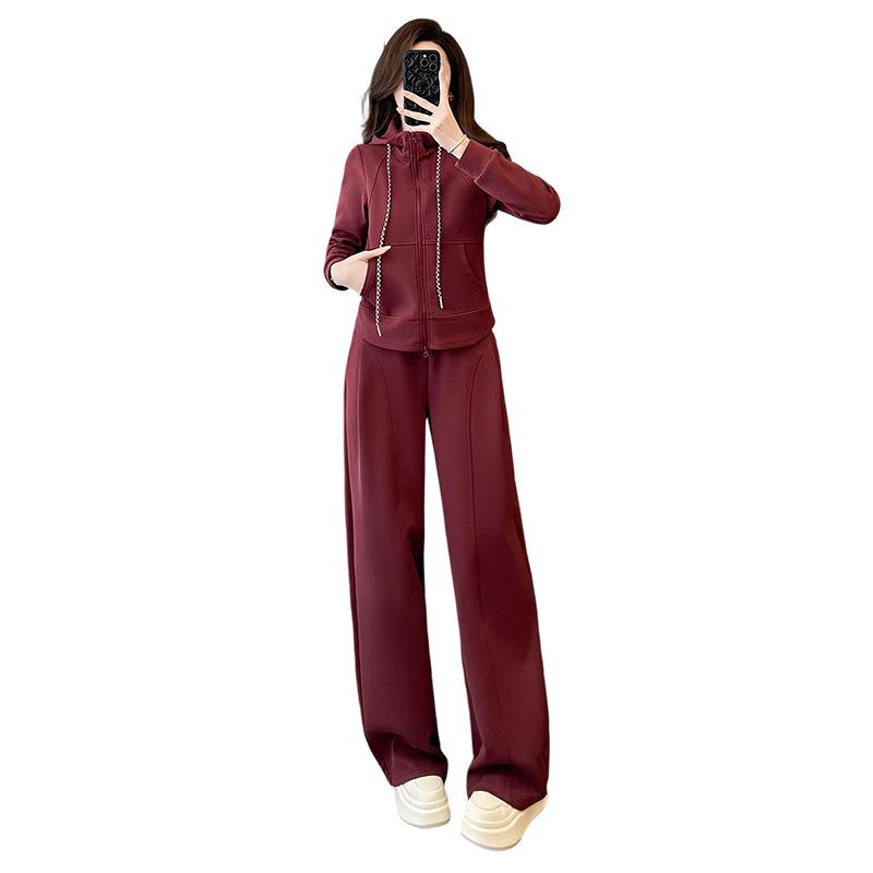 Spring Casual Fashion Set: Women's Korean-Style Zipper Cardigan Hoodie with Wide-Leg Pants, Two-Piece Set