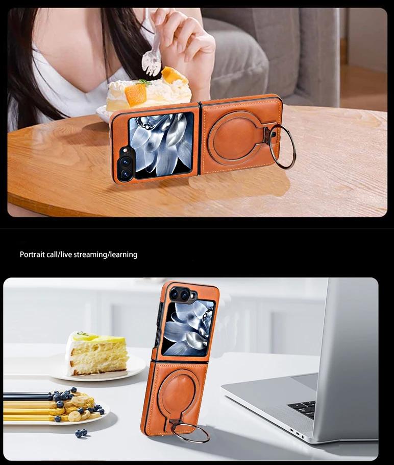 Luxury Leather Phone Case For Samsung Galaxy Z Flip 7 6 5 4 3 5G Magnetic Cover Ring Metal Bracket Shockproof Kickstand Cover