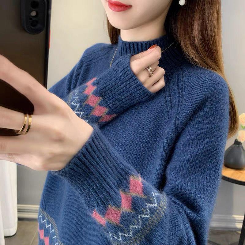 Women's Half-High Neck Knit Sweater - Spring/Autumn 2026, Loose Fit, Lazy Style