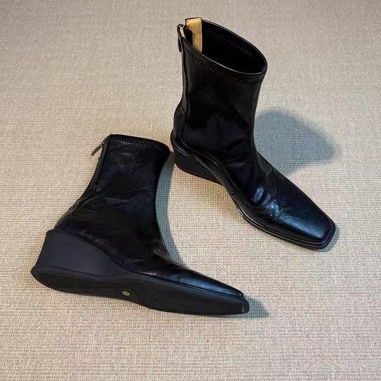 Verze z hovězí kůže~ Britský styl čtvercová špička kožené elastické tenké kozačky dámské klínový podpatek výška podpatku zvyšující měkká kůže černé zadní zip krátké kozačky