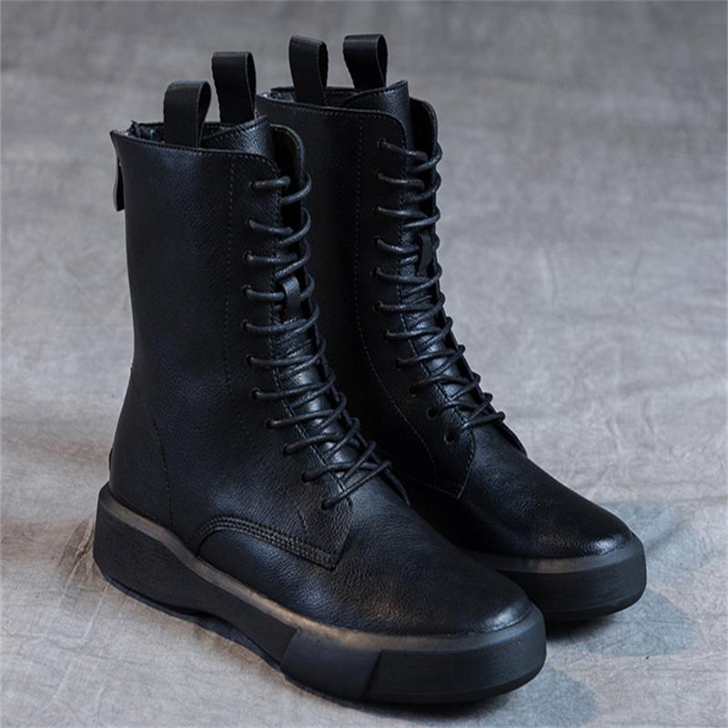 Large Women's British Style 2024 Autumn and Winter New Flat Bottom Retro Medium Sleeve Women's Single Boot Lace Up Back Zipper