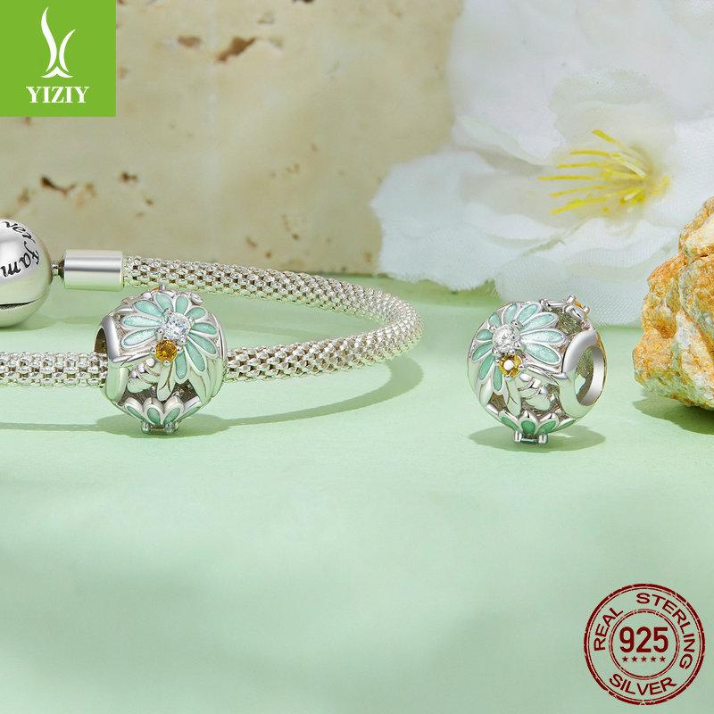 Mint Green Bee Daisy Bracelet Beaded, Summer Little Fresh S925 Silver Diy Beads Loose Beads
