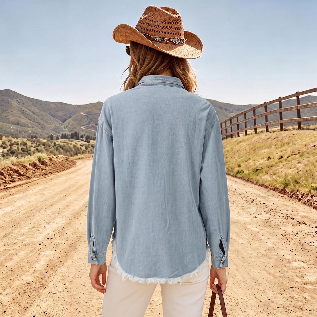 Women's Long Sleeve Denim Jacket with Lapel Collar, Beaded, Cargo Pockets and Hem