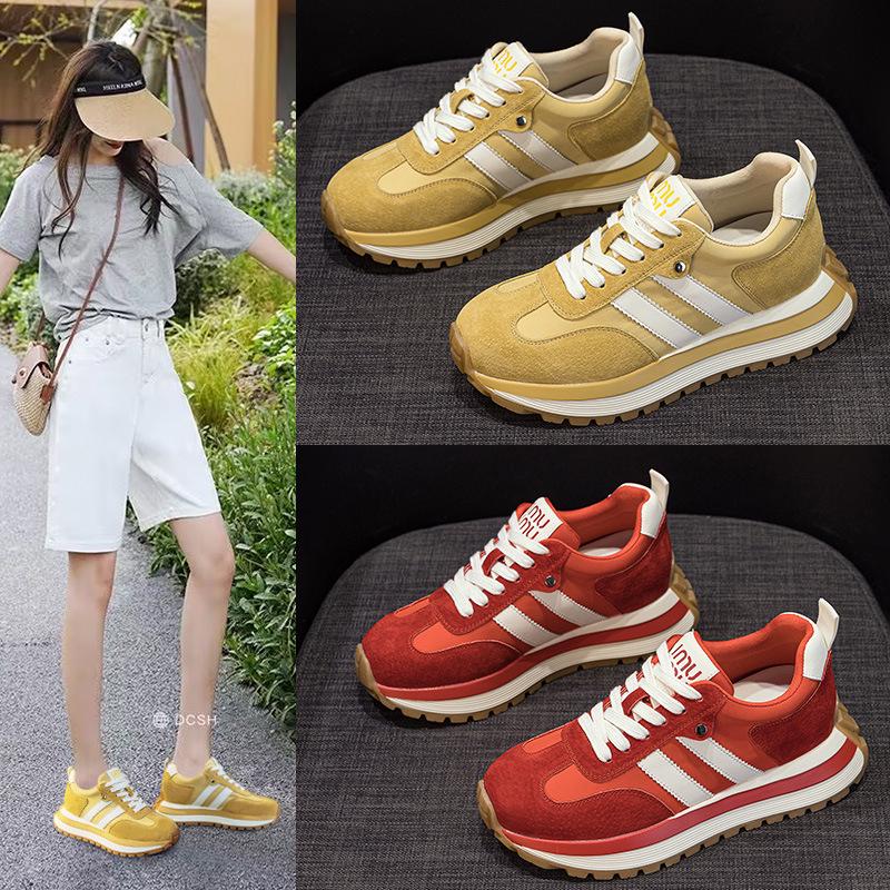 6cm Retro Sport Forrest Gump Women's Shoes - Autumn 2025 Red Ankara Leather Round Toe Color Block Casual Sneakers.