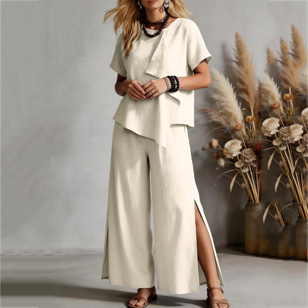 Completo estivo casual da donna in due pezzi, top ampio a maniche corte con pantaloni a gamba larga, outfit leggero e comodo per l'uso quotidiano