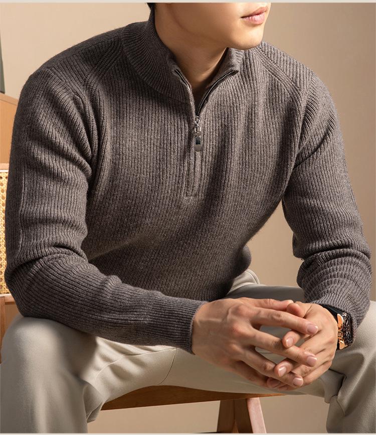 Men's 100% Pure Wool Half-Zip Turtleneck Sweater - Warm, Thick Knit for Fall/Winter