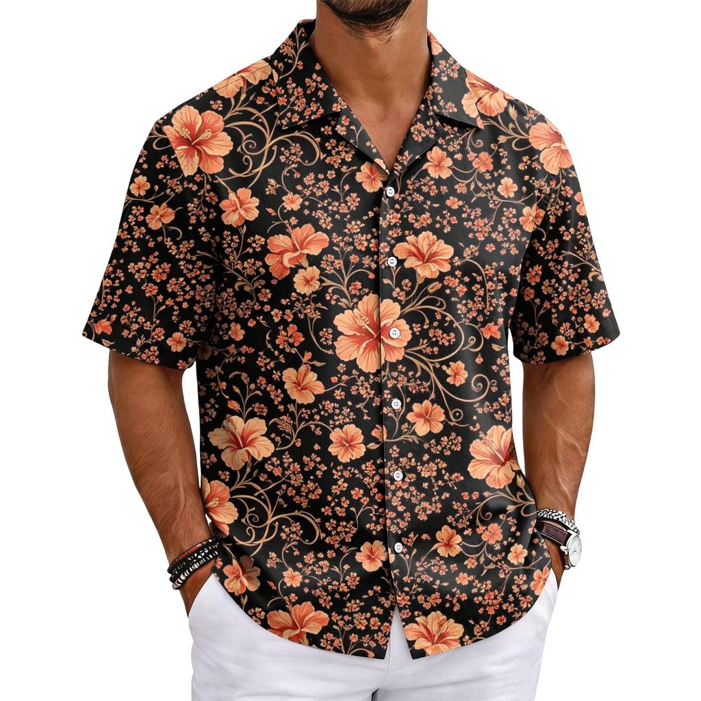Men's Summer Hawaiian Print Cuban Collar Shirt Short Sleeve Button Down Casual Beach Shirt Lightweight Breathable Fabric