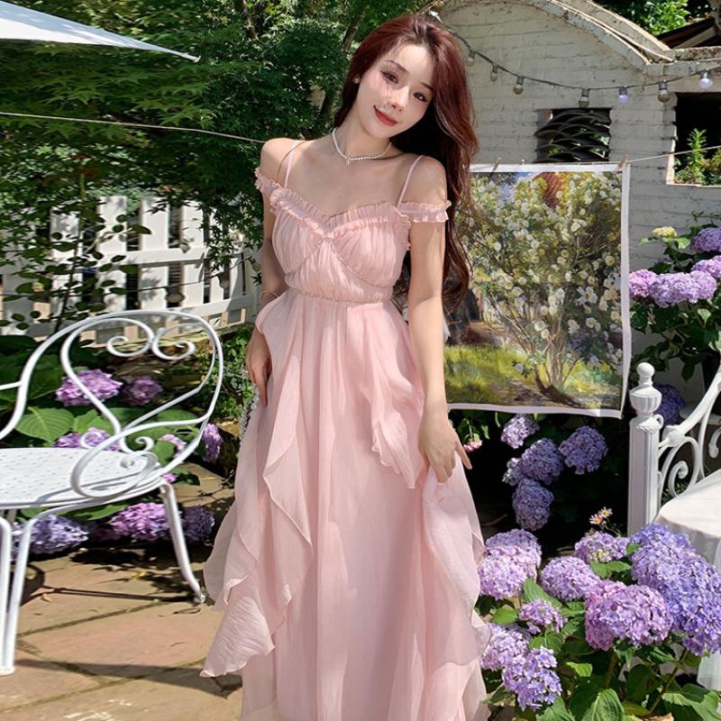 

Coffee Break First Love Retro Gentle Pink Fairy Thin Temperament Suspender Dress Design French Style L рожевий