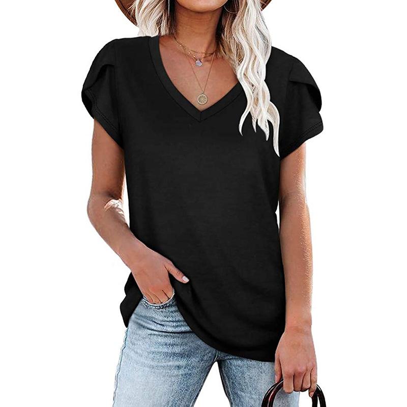 Sommer Casual V-Ausschnitt Lose Kurzarm Top Einfarbig T-Shirts Damen