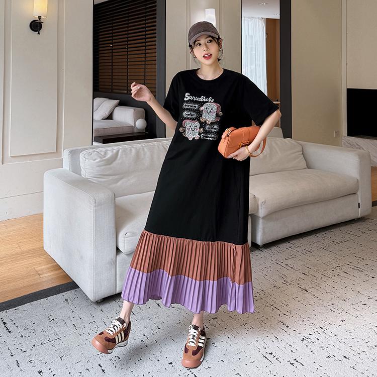 DIMANAF 2025 Sommer Übergröße Kleid Damen Gespleißtes Lässiges Vintage Plissee Kleid Basic Lockeres Langes Kleid