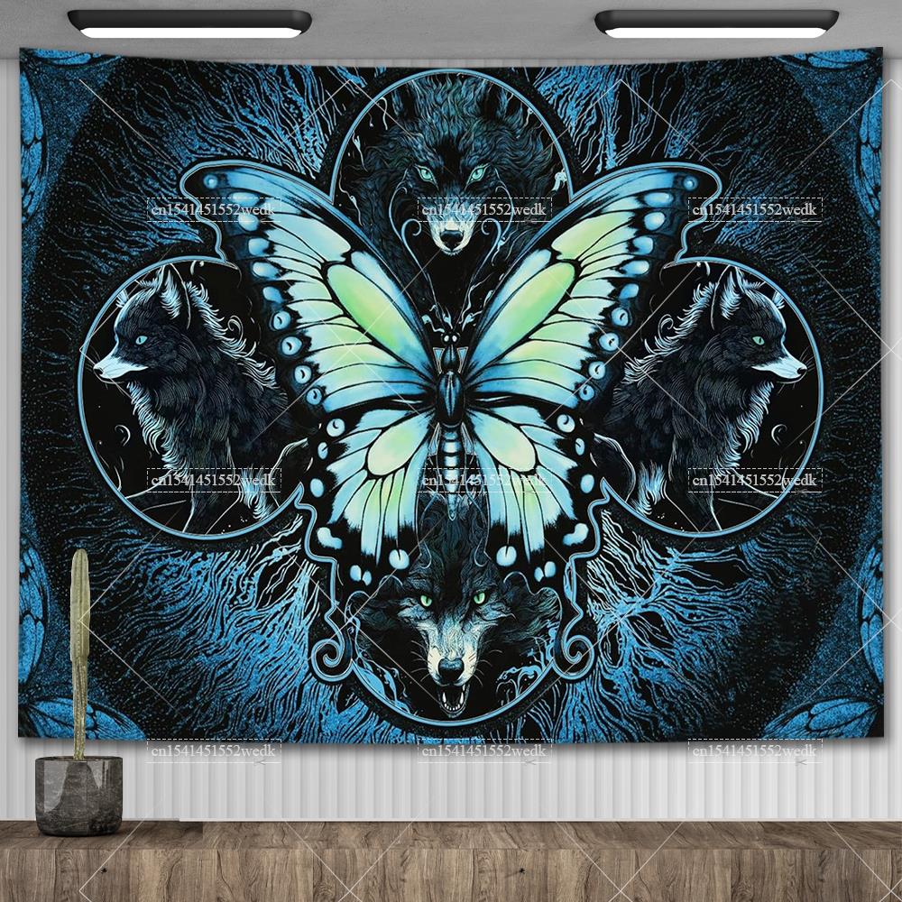 Mondphase Schmetterling Wandteppich Schädel Psychedelisch Mond und Sterne Motte Wolf Wandteppiche Wandbehang Für Zimmer Ästhetische Deko Poster