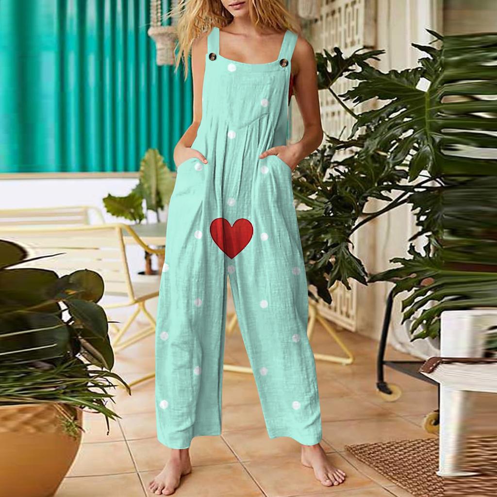 Women's Valentine's Day Printed Casual Loose Retro Cotton Linen Overalls With Pockets