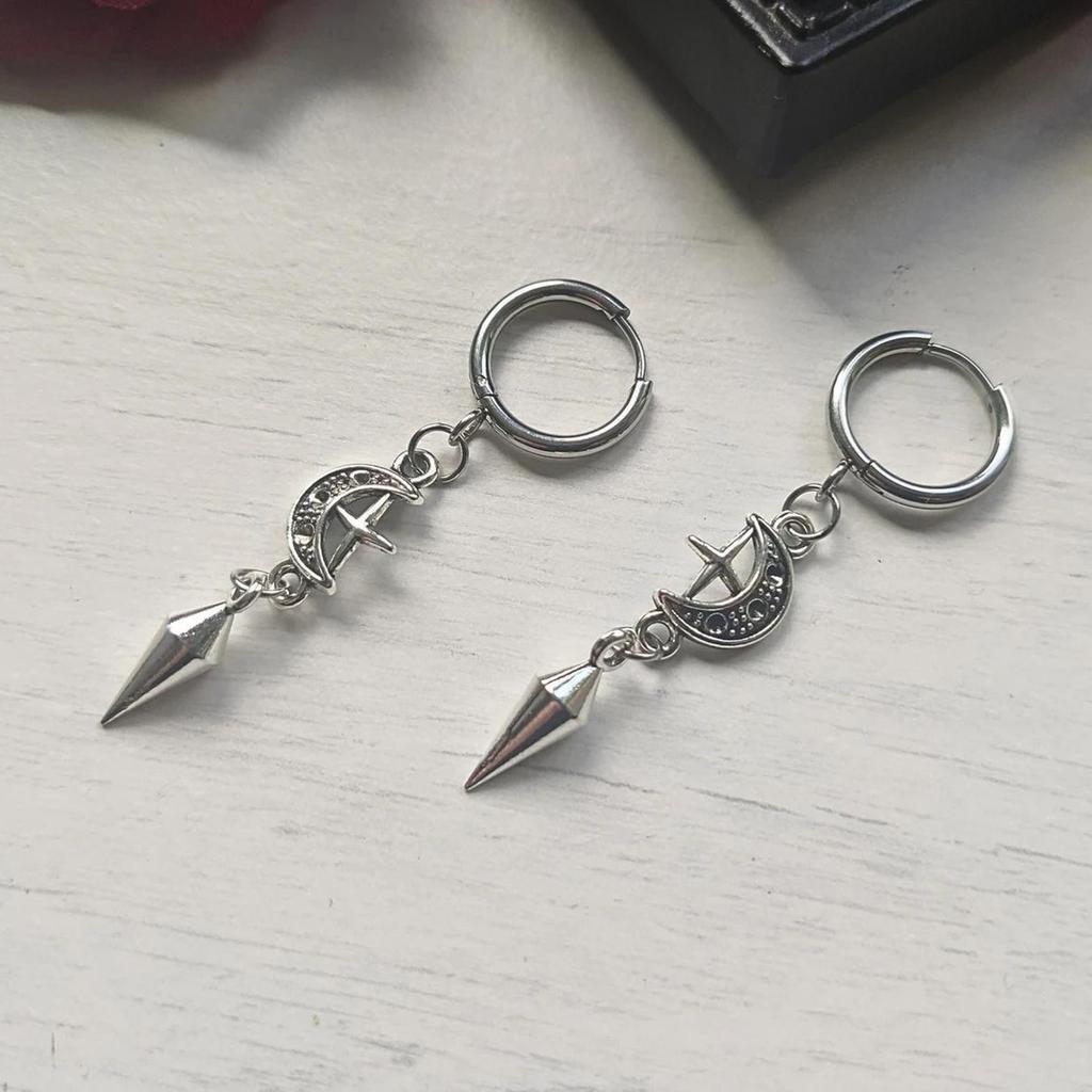 Gothic Spikes Earrings with Moon and Star Pendant Comfortable Ear Hoops Stylish Punk Accessories for Women Man