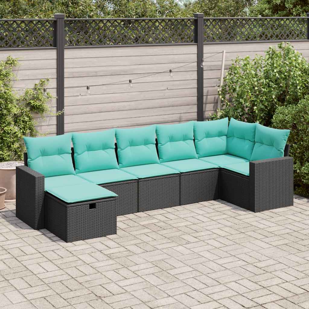 vidaXL 7 Piece Garden Sofa Set with Cushions Black Poly Rattan