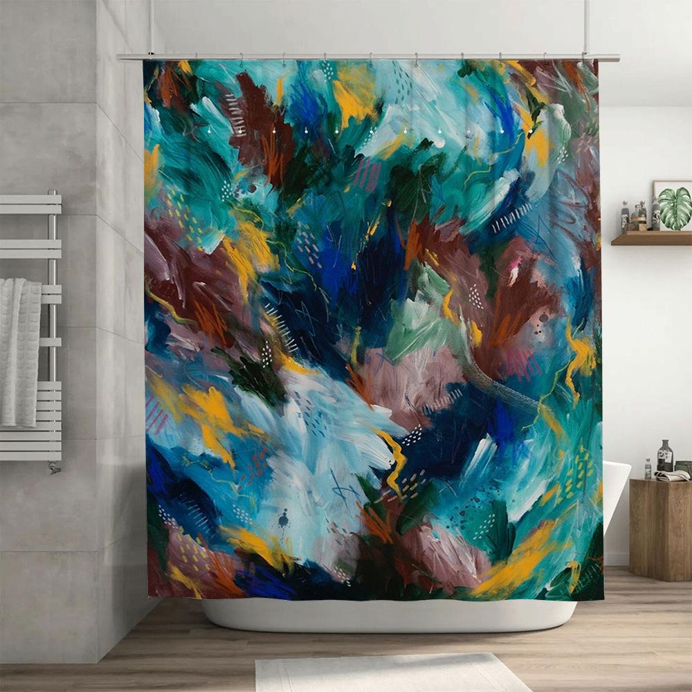 Colorful Abstract Painting Shower Curtain Modern Bathroom Decor Set with Rod Rings 72x84in (183cm x 213cm) Large Size Customizab