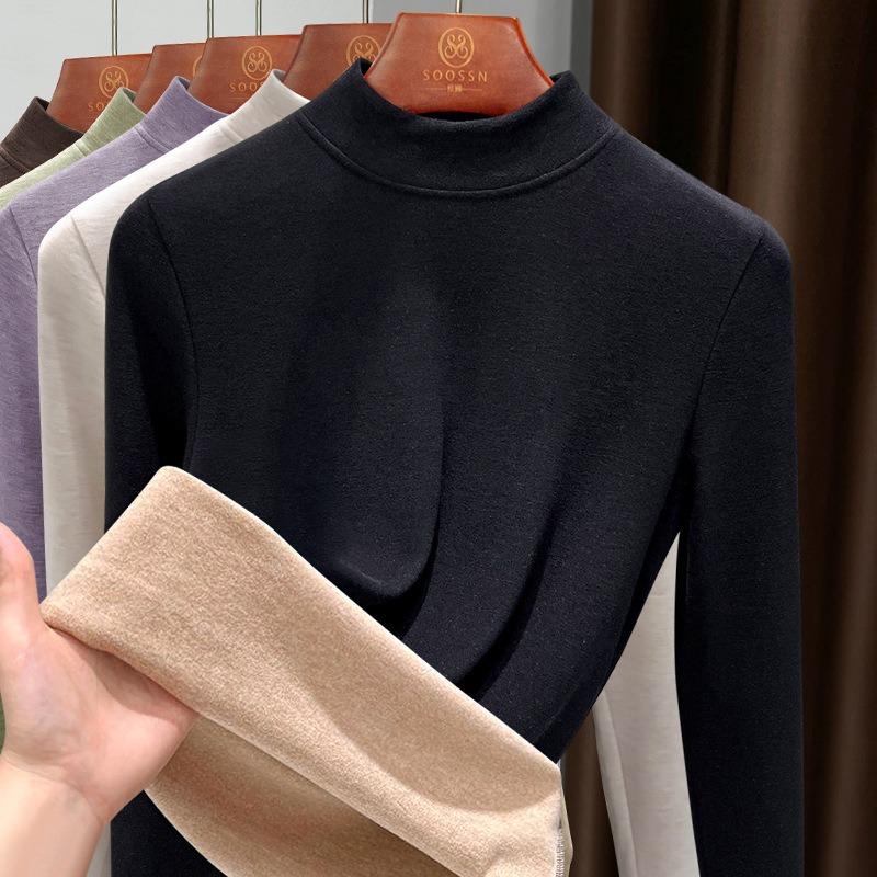 Semi-turtleneck Fleece Thickened Bottoming Shirt Women's Winter Wool Warm Fleece Integrated Fleece Long-sleeved Underwear Thermal Top