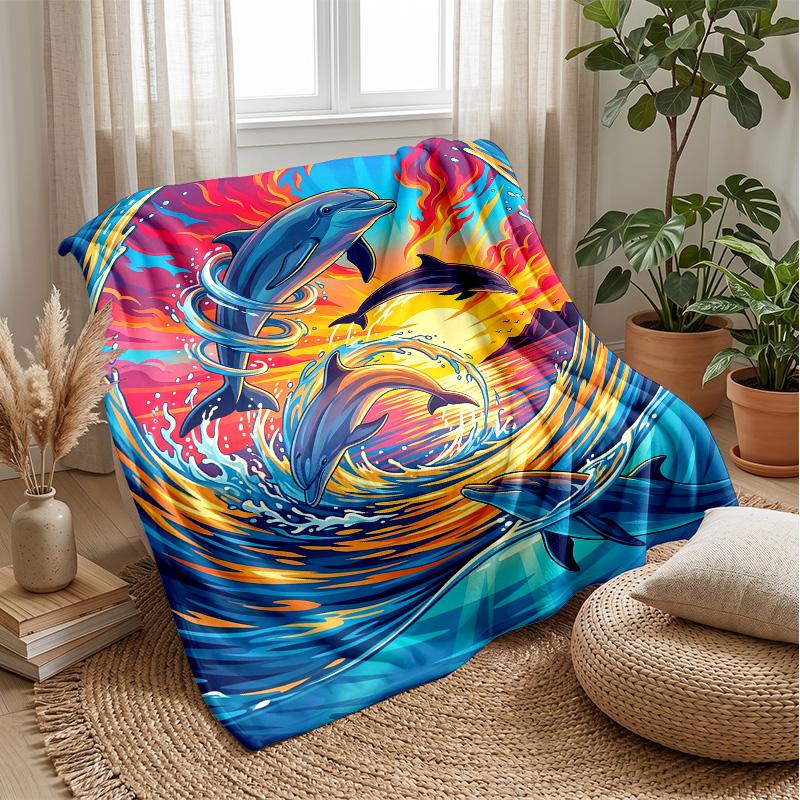 Dolphins Leaping at Sunset 1 Theme blanket Lightweight Warm Flannel Blanket Decorative Throw Blanket for Home Decoration